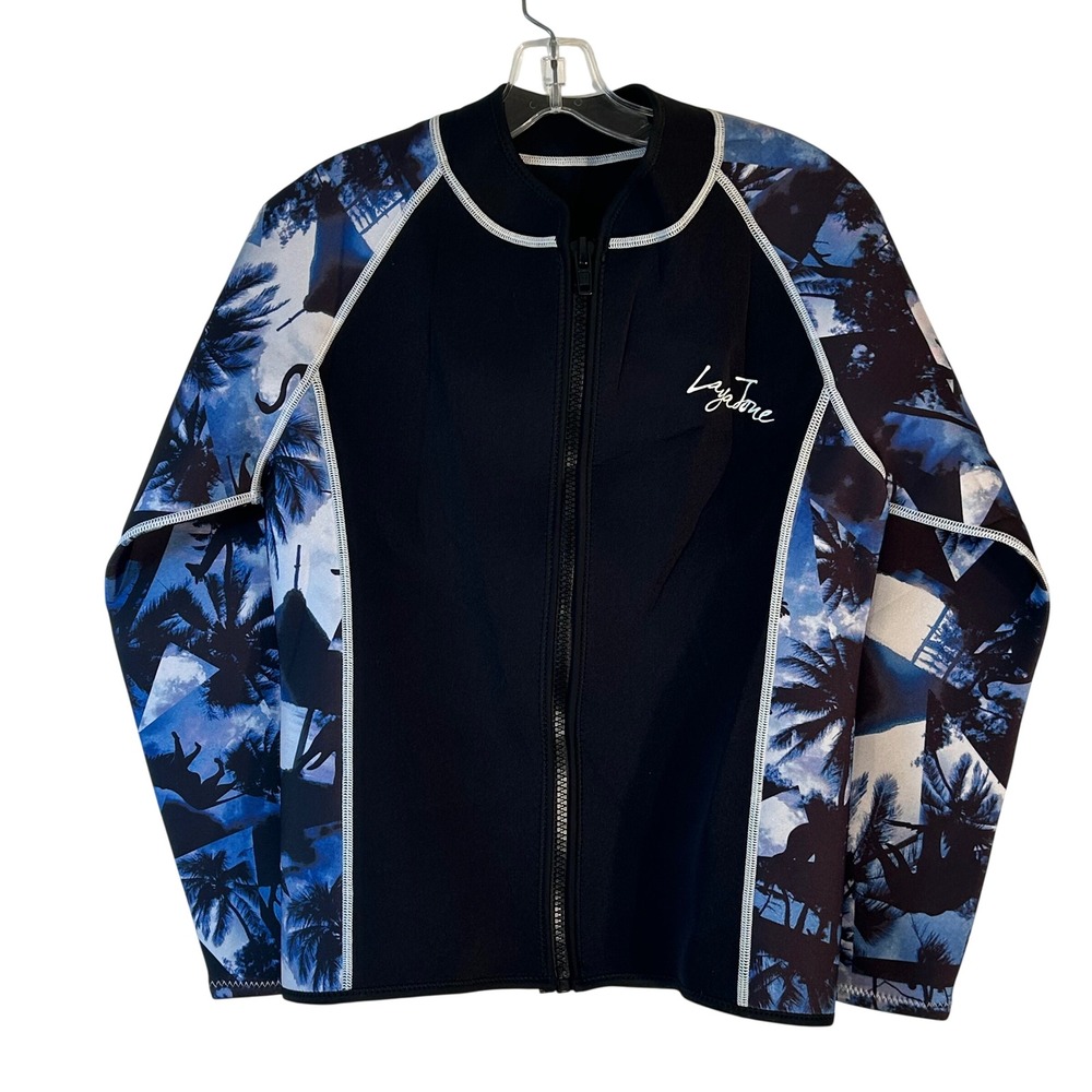 LayaTone Wetsuit Jacket Large Black Blue Tropical Palm Tree Full Zip Neoprene